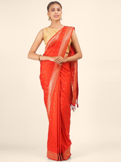 

Hastakala Red & Gold-Toned Woven Design Zari Silk Blend Jamdani Saree