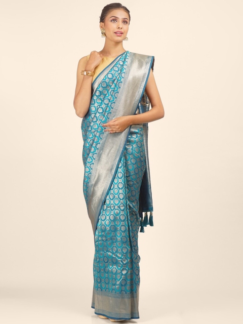 

Hastakala Turquoise Blue & Silver-Toned Ethnic Motifs Zari Brocade Saree