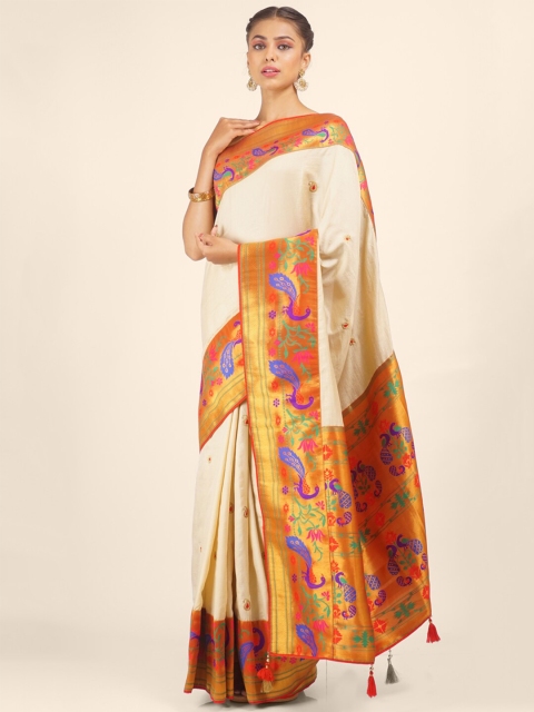 

Hastakala Cream-Coloured & Red Ethnic Motifs Zari Kantan Silk Saree