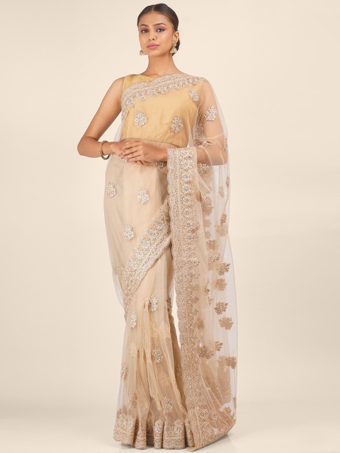 

Hastakala Cream-Coloured & Silver-Toned Floral Embroidered Net Saree