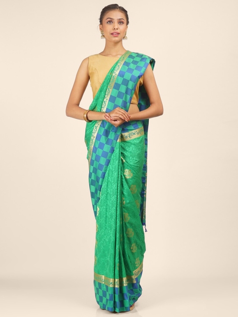 

Hastakala Green & Blue Floral Self Emboss Pure Silk Saree