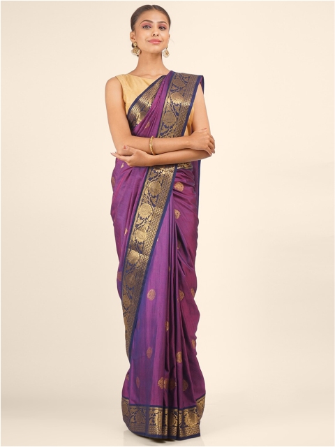 

Hastakala Burgundy & Blue Ethnic Motifs Woven Designed Pure Silk Saree, Magenta