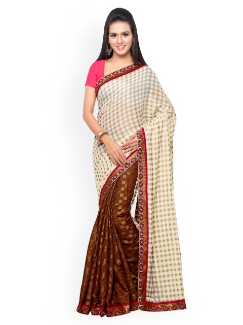 

Touch Trends White & Brown Raw Silk & Crepe Saree