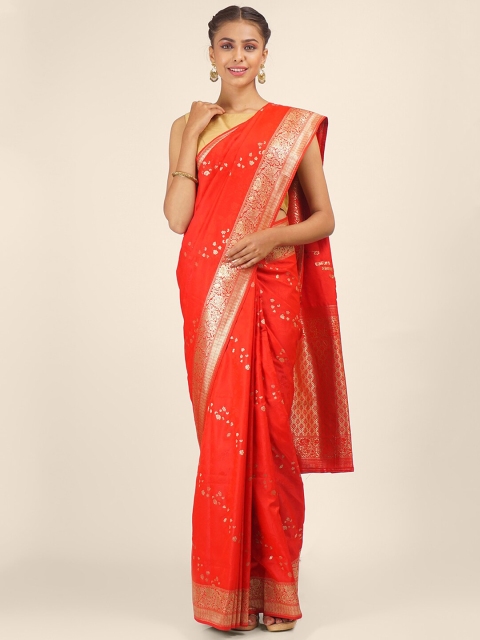 

Hastakala Red & Gold-Toned Floral Art Silk Saree