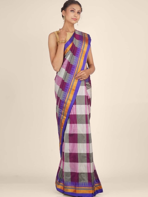 

Hastakala Purple & Grey Checked Zari Pure Cotton Ilkal Saree