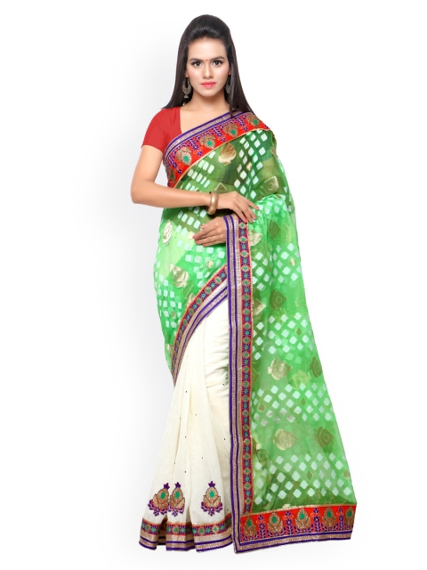 

Touch Trends White & Green Embroidered Art Silk & Raw Silk Saree