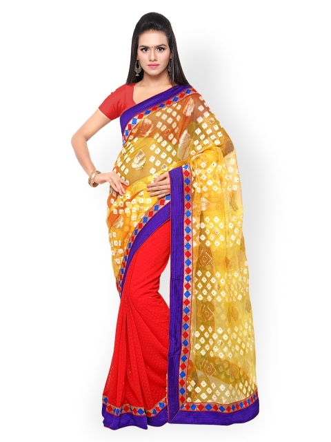 

Touch Trends Yellow & Red Banarasi Raw Silk & Georgette Embellished Saree