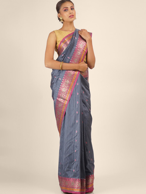 

Hastakala Grey & Pink Ethnic Motifs Zari Art Silk Saree