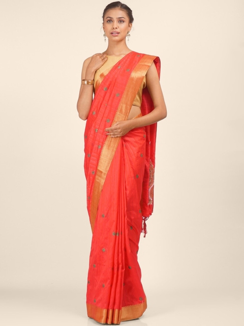 

Hastakala Pink & Gold-Toned Floral Zari Art Silk Saree