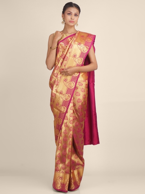 

Hastakala Magenta & Gold-Toned Ethnic Motifs Zari Tissue Kanjeevaram Saree