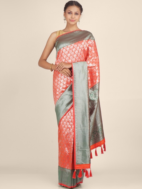 

Hastakala Orange & Green Ethnic Motifs Tissue Kanjeevaram Saree