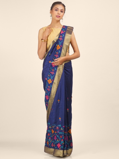 

Hastakala Blue & Orange Ethnic Motifs Embroidered Art Silk Saree