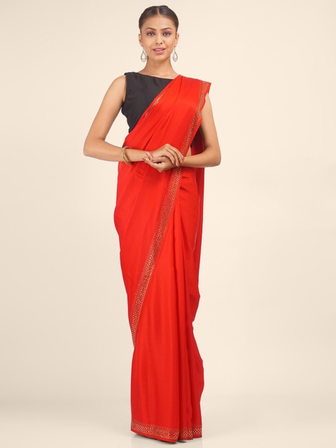 

Hastakala Red Solid Pure Crepe Saree with Embellished Border