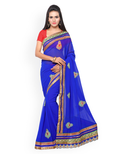 

Touch Trends Blue Embroidered Raw Silk & Georgette Embellished Saree