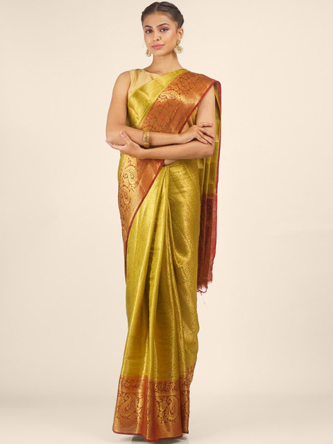 

Hastakala Fluorescent Green & Gold-Toned Woven Design Zari Brocade Saree