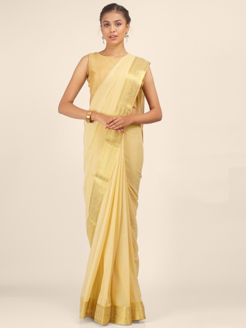 

Hastakala Cream-Coloured & Gold-Toned Zari Pure Georgette Saree