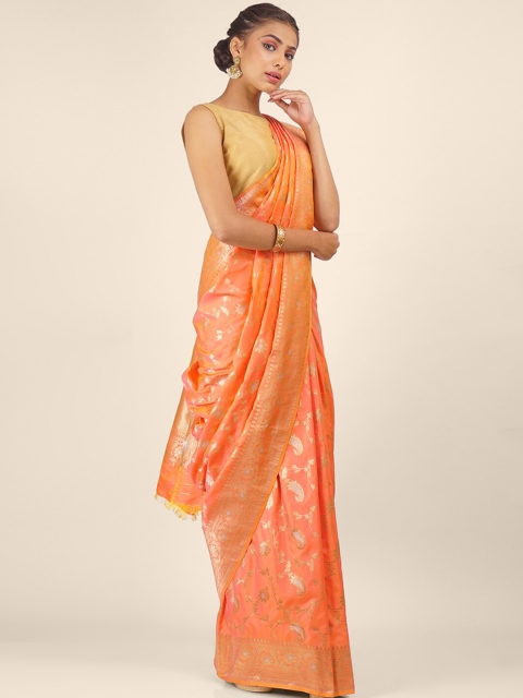 

Hastakala Peach-Coloured & Gold-Toned Ethnic Motifs Art Silk Saree