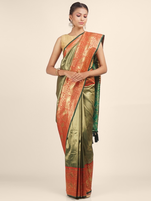 

Hastakala Green & Red Woven Designed Brocade Saree