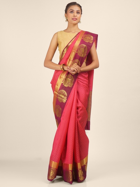 

Hastakala Pink & Maroon Ethnic Motifs Zari Silk Blend Saree