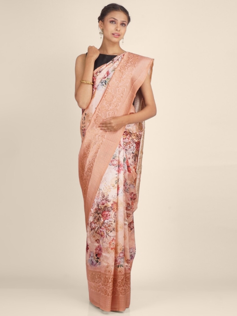 

Hastakala Peach-Coloured & Red Floral Zari Art Silk Saree