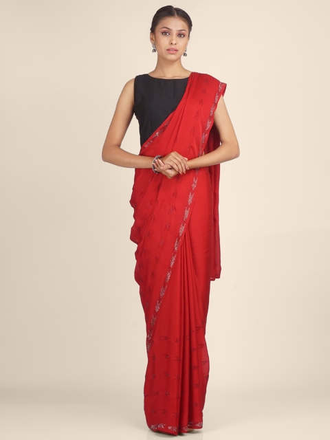 

Hastakala Red Embellished Beads and Stones Pure Crepe Saree
