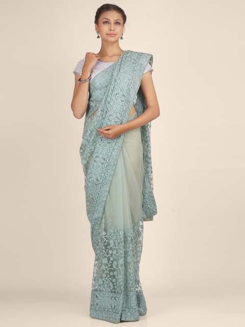 

Hastakala Sea Green Floral Embroidered Net Saree