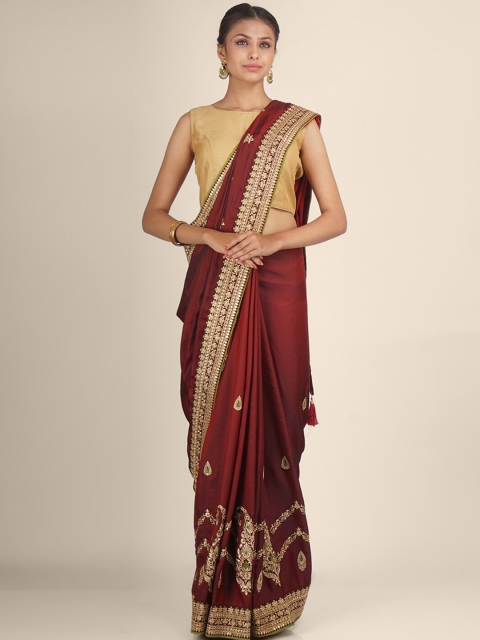 

Hastakala Maroon & Gold-toned Ethnic Motifs Embroidered Saree
