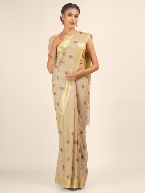 

Hastakala Cream-Coloured & Gold-Toned Woven Design Zari Pure Linen Tussar Saree