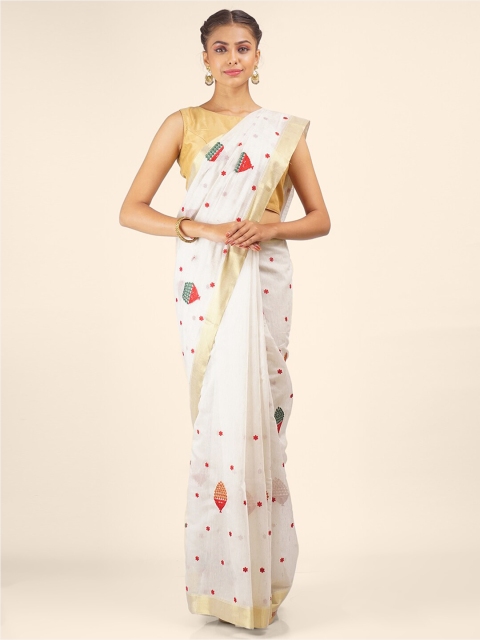 

Hastakala Cream-Coloured & Red Floral Embroidered Zari Pure Cotton Khadi Saree
