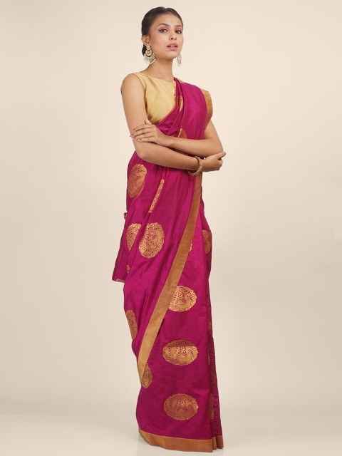

Hastakala Magenta & Gold-Toned Woven Design Zari Art Silk Tussar Saree
