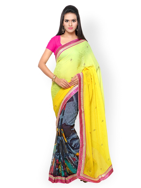 

Touch Trends Yellow & Blue Printed Raw Silk & Georgette Embellished Saree