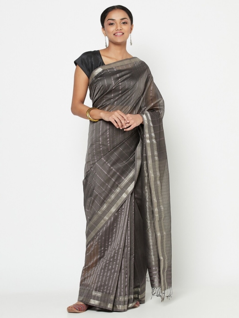 

Fabindia Charcoal & Silver-Toned Woven Design Zari Maheshwari Saree