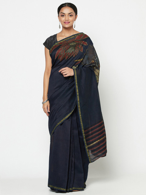 

Fabindia Navy Blue & Red Floral Printed Cotton Blend Saree