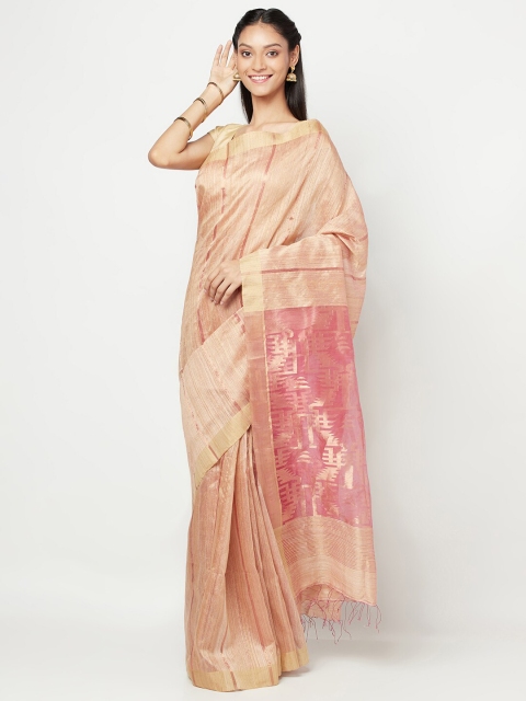 

Fabindia Beige & Pink Striped Matka Woven Jacquard Zari Pure Silk Saree