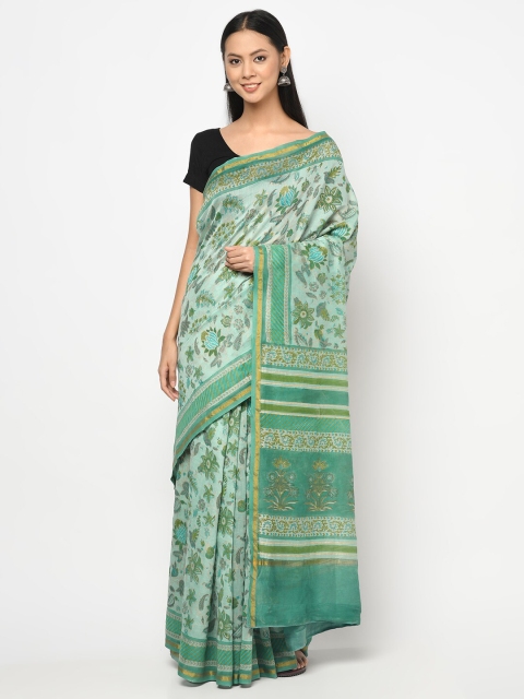 

Fabindia Green & Gold-Toned Floral Zari Block Print Saree