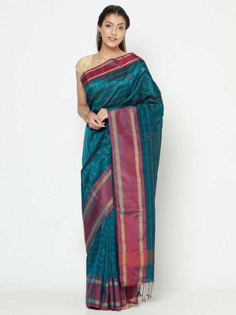 

Fabindia Teal & Pink Checked Pure Silk Jamdani Saree