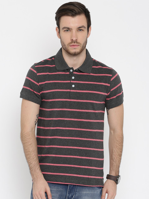

American Crew Men Charcoal Grey & Red Striped Polo T-shirt