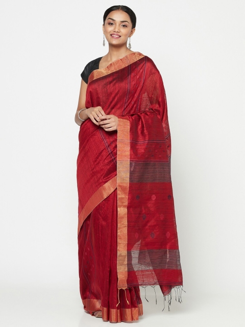 

Fabindia Red & Blue Striped Matka Woven Zari Silk Blend Jamdani Saree