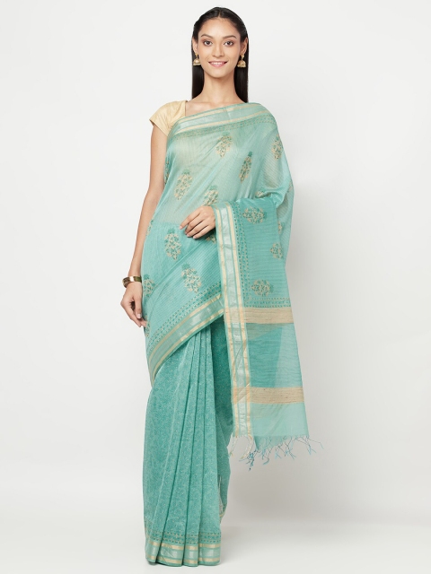 

Fabindia Turquoise Blue & Gold-Toned Floral Zari Block Print Saree