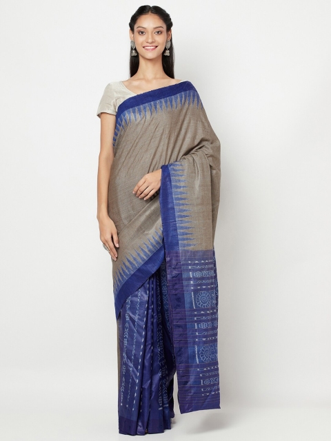 

Fabindia Blue & Tan Floral Pure Silk Ikat Saree