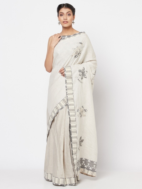 

Fabindia Beige Pure Linen Floral Applique Embroidered Saree