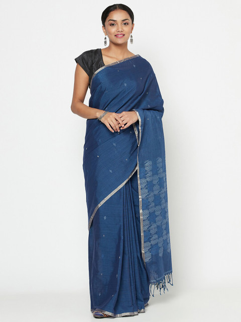 

Fabindia Navy Blue & Silver-Toned Woven Design Zari Pure Cotton Jamdani Saree