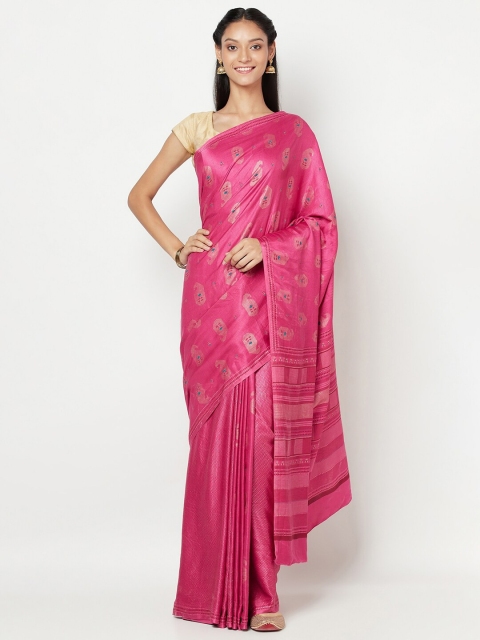 

Fabindia Pink & Gold-Toned Floral Printed Pure Silk Saree