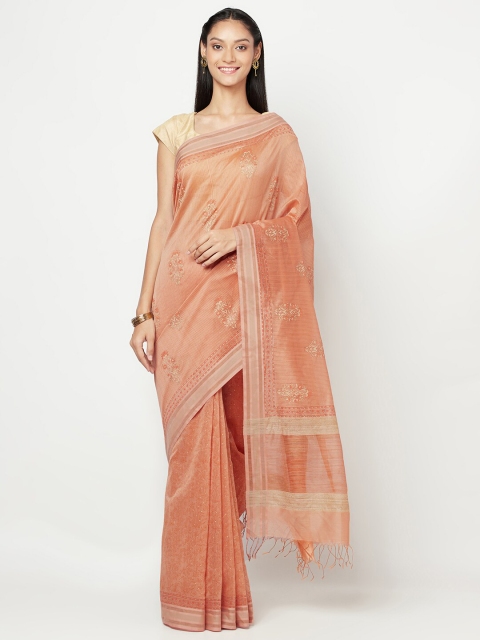 

Fabindia Peach-Coloured & Gold-Toned Floral Zari Block Print Saree