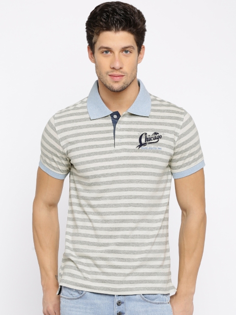 

American Crew Men Grey Melange & Off-White Striped Polo T-Shirt