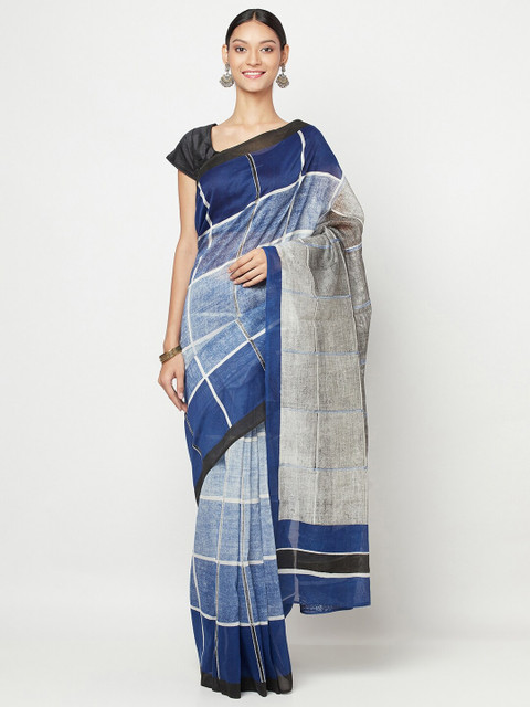 

Fabindia Navy Blue & Grey Checked Cotton blend Saree