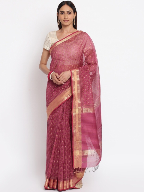 

Fabindia Magenta & Tan Floral Block Print Saree