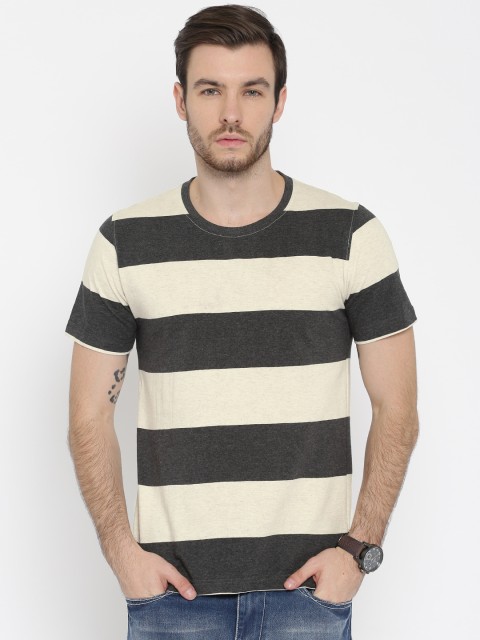 

American Crew Men Charcoal Grey Off-White Striped Round Neck Pure Cotton T-shirt