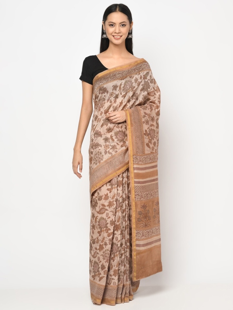 

Fabindia Beige & Brown Floral Block Print Saree
