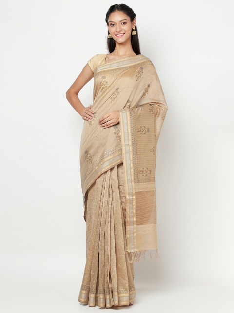 

Fabindia Beige & Grey Floral Printed Silk Cotton Block Print Saree